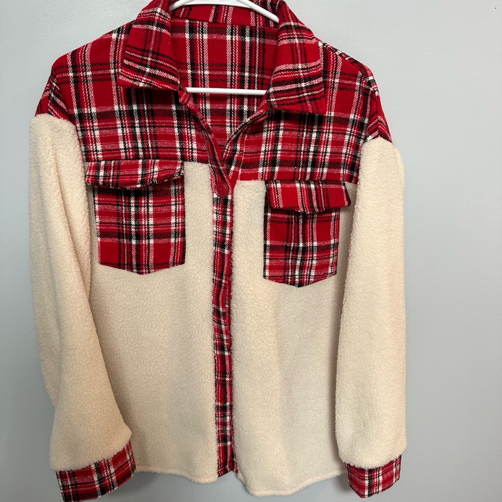 Red Plaid and Cream Sherpa Jacket